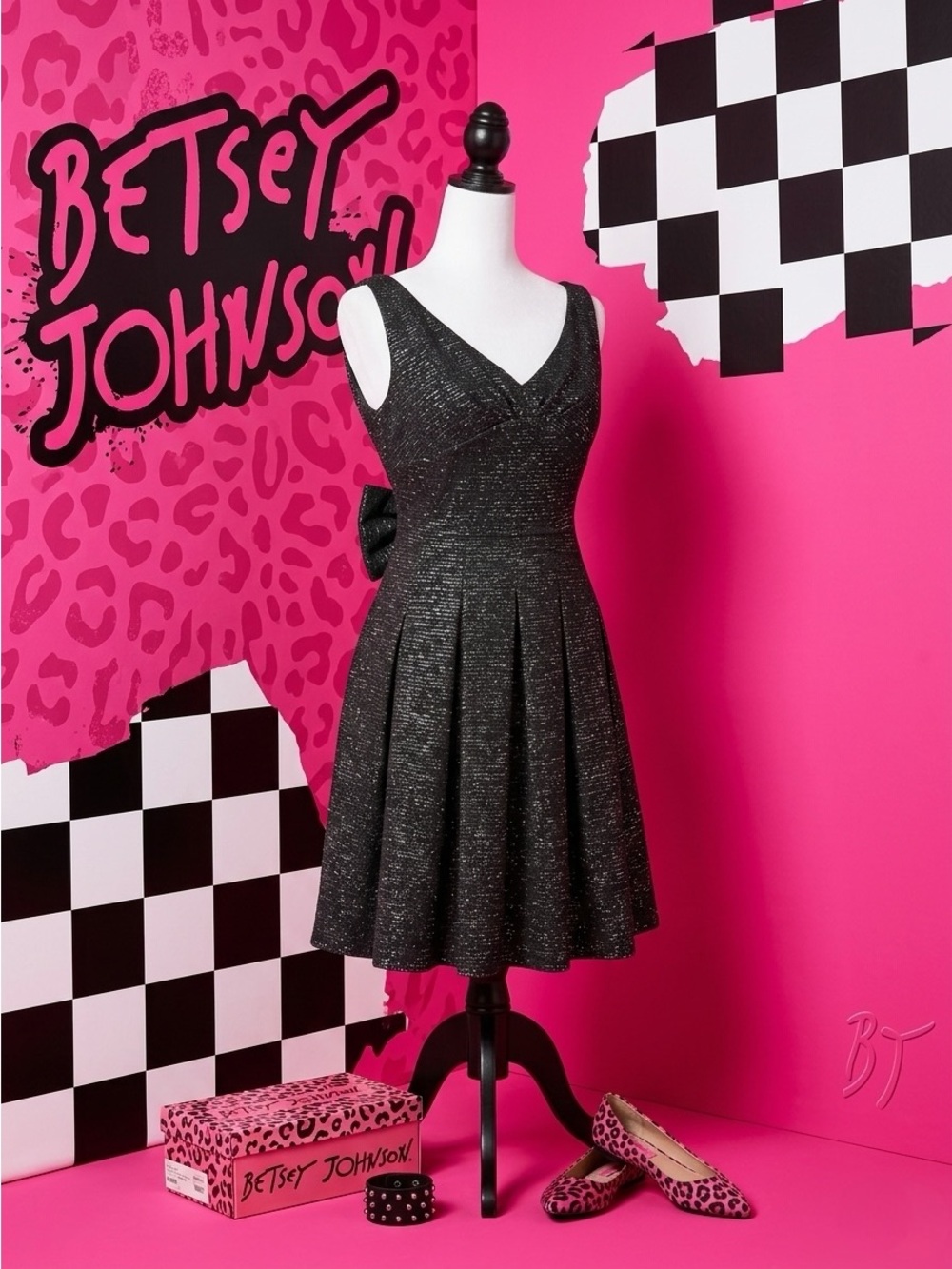 Betsey Johnson Cocktail Dress Black Metallic Sparkly Pleated Bow Retro Goth 10